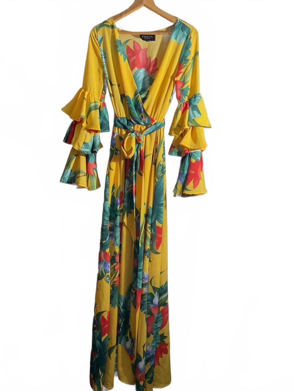 Frida LA Bright Yellow  Tropical Floral Maxi Dress with Ruffled Sleeves Small